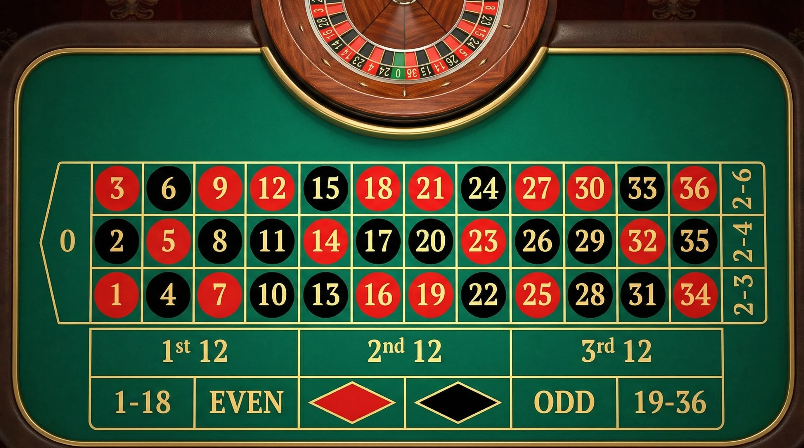 Layout da mesa de roleta europeia com números e apostas